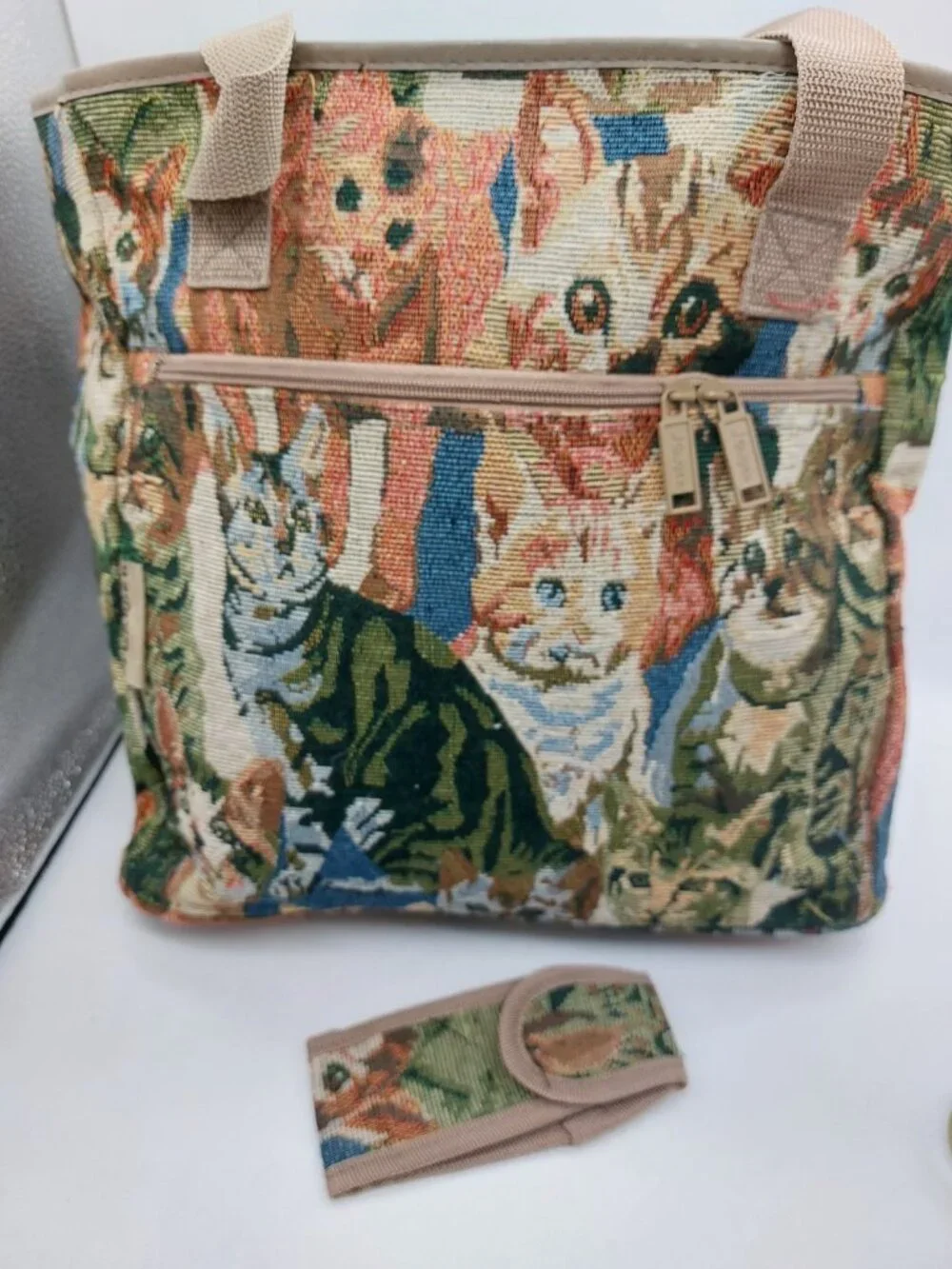 J Garden Cat Kitty Tapestry Tote Bag With Eye Glass Case READ